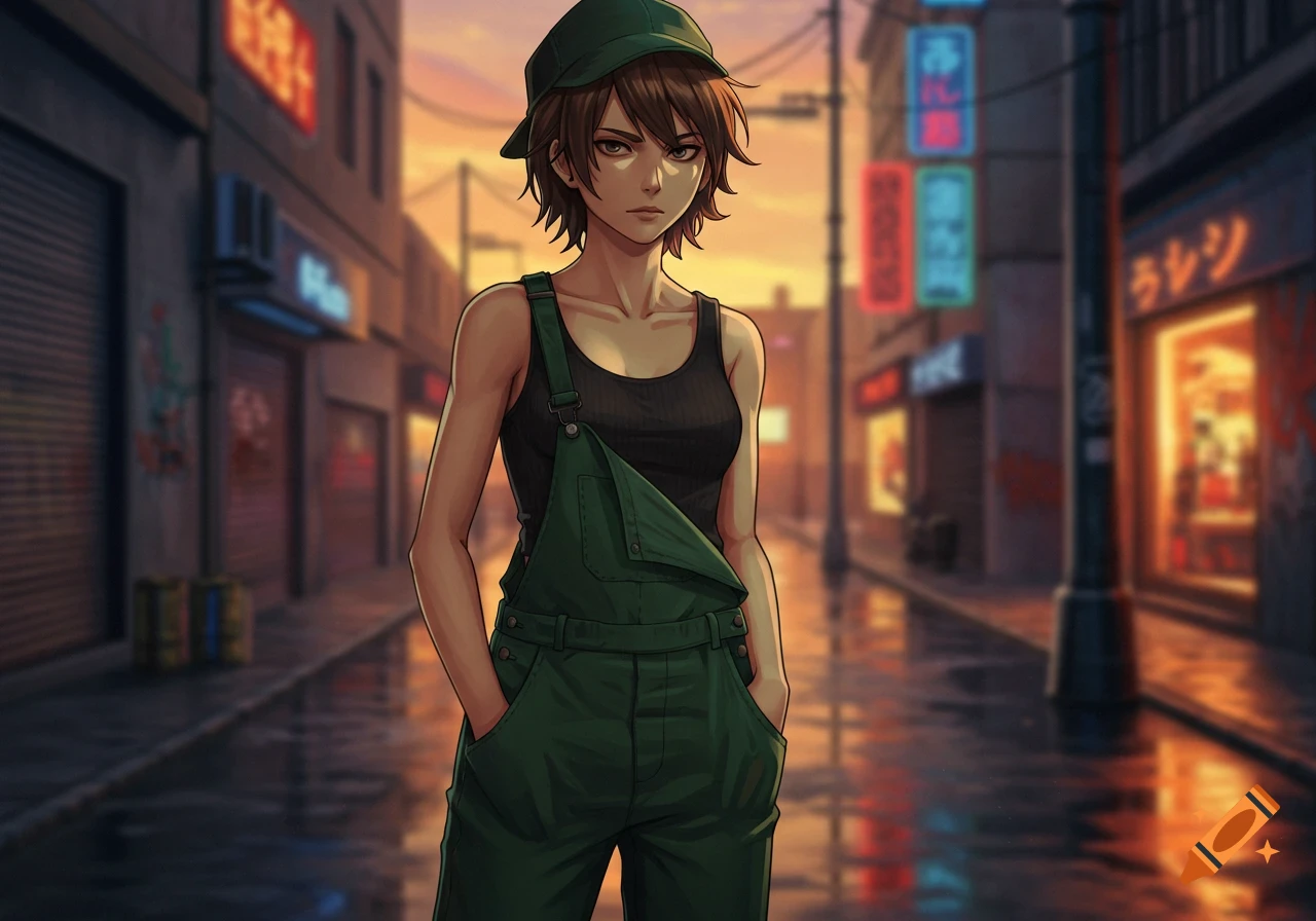 An anime girl in a dark green cap and overalls over a black tank top stands in a city alley at dusk.