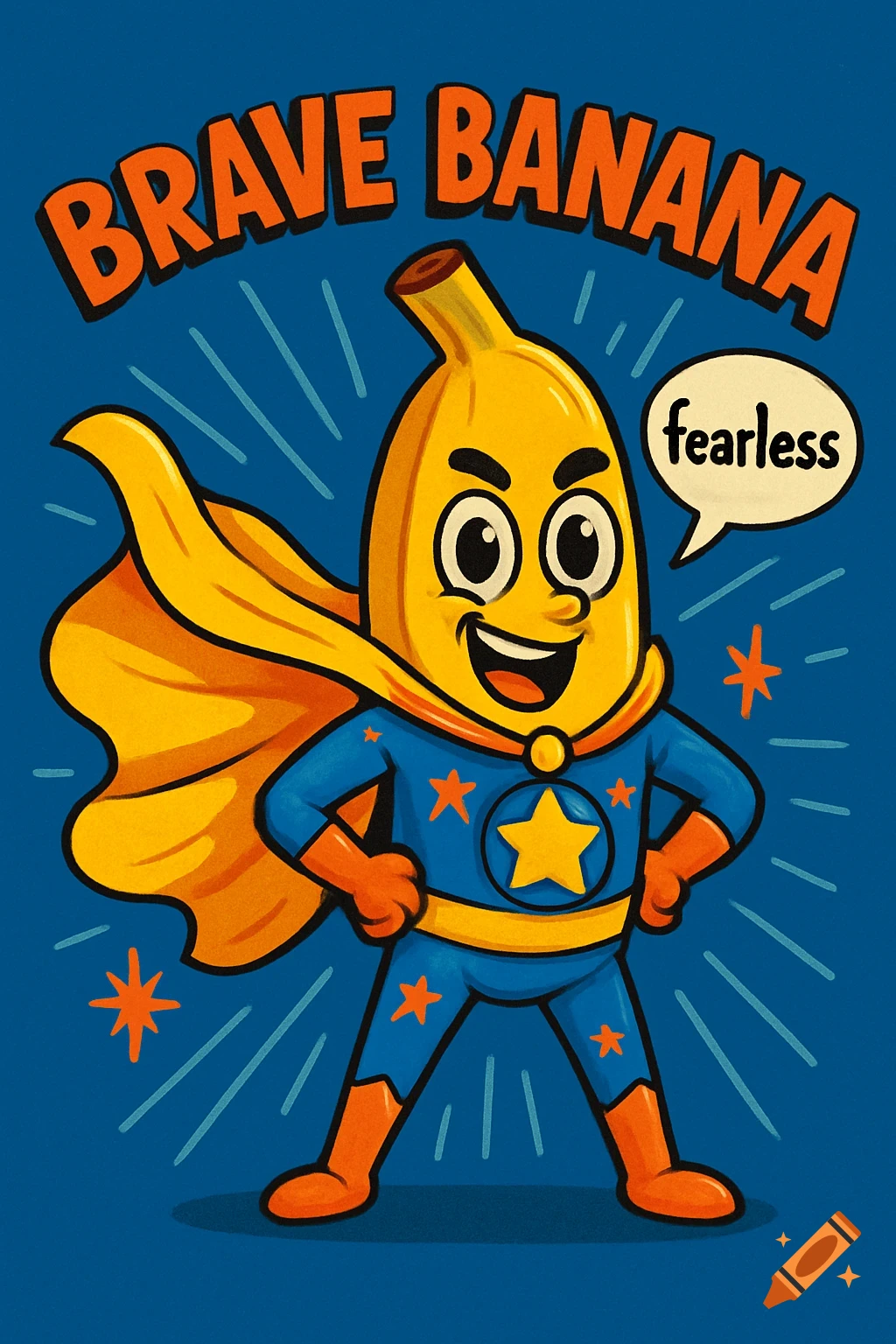 Cartoon banana superhero in blue and orange costume with yellow cape, saying 'fearless'. Text 'BRAVE BANANA' above.