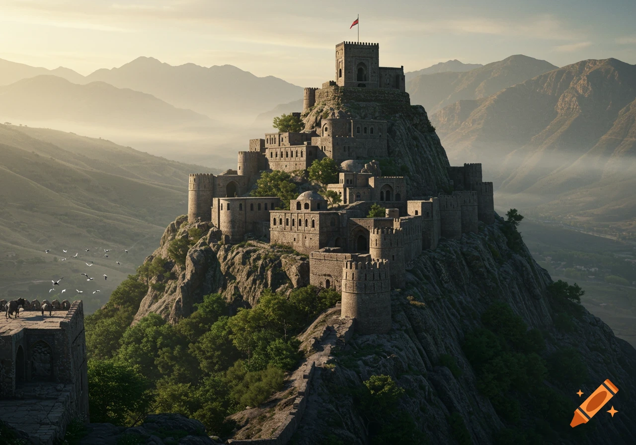 A grand medieval stone fortress sprawls across a rocky mountain peak amidst a hazy, mountainous landscape at sunset.