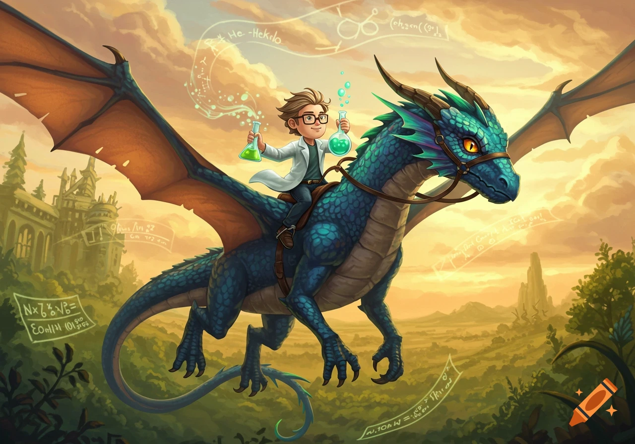 A nerdy person in a lab coat and glasses rides a blue dragon, holding beakers, flying over a castle landscape at sunset in a cartoon style.