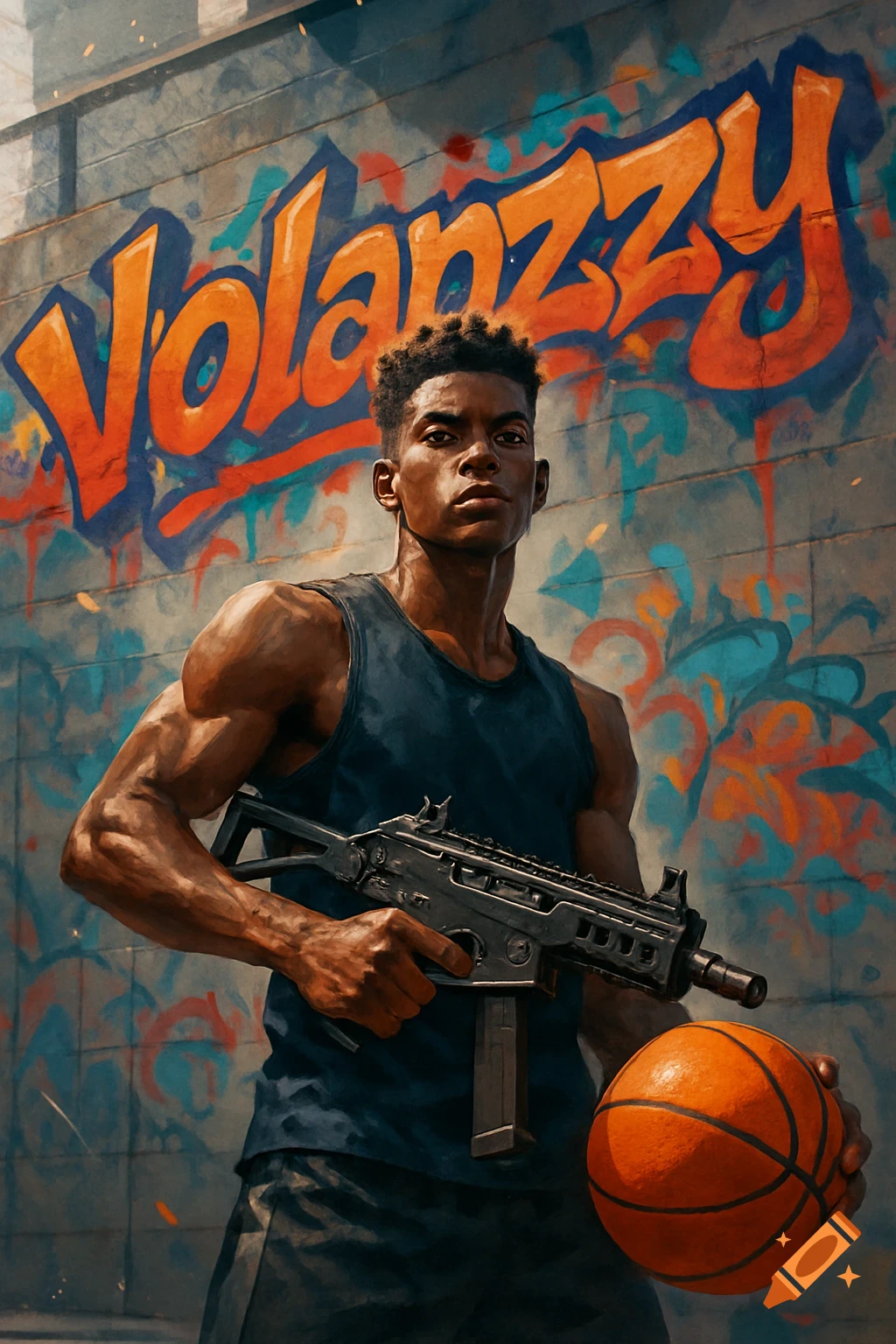 A young man holds a submachine gun and a basketball in front of a graffiti wall with the word Volanzzy.