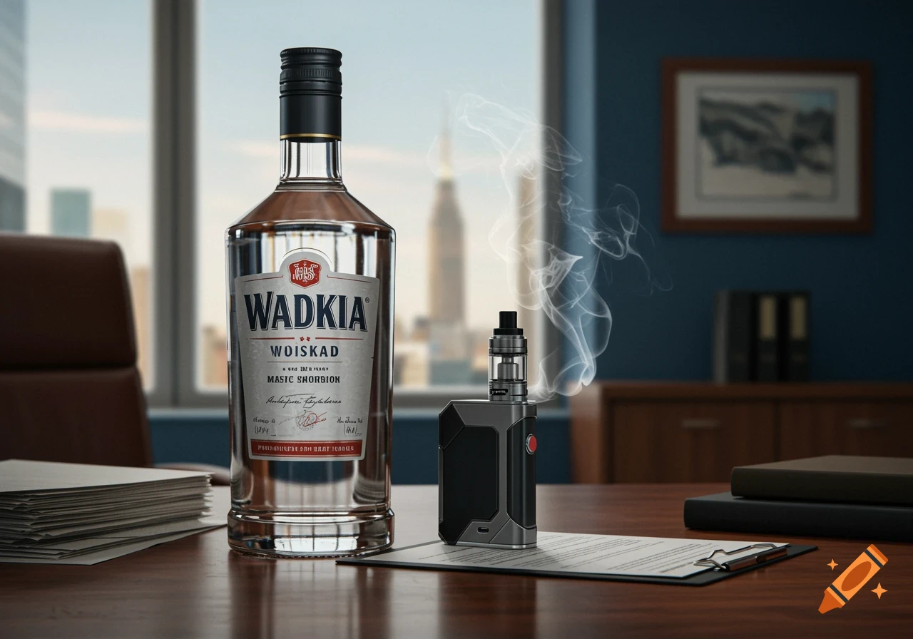 Photorealistic vodka bottle and vape pen with smoke on an office desk.