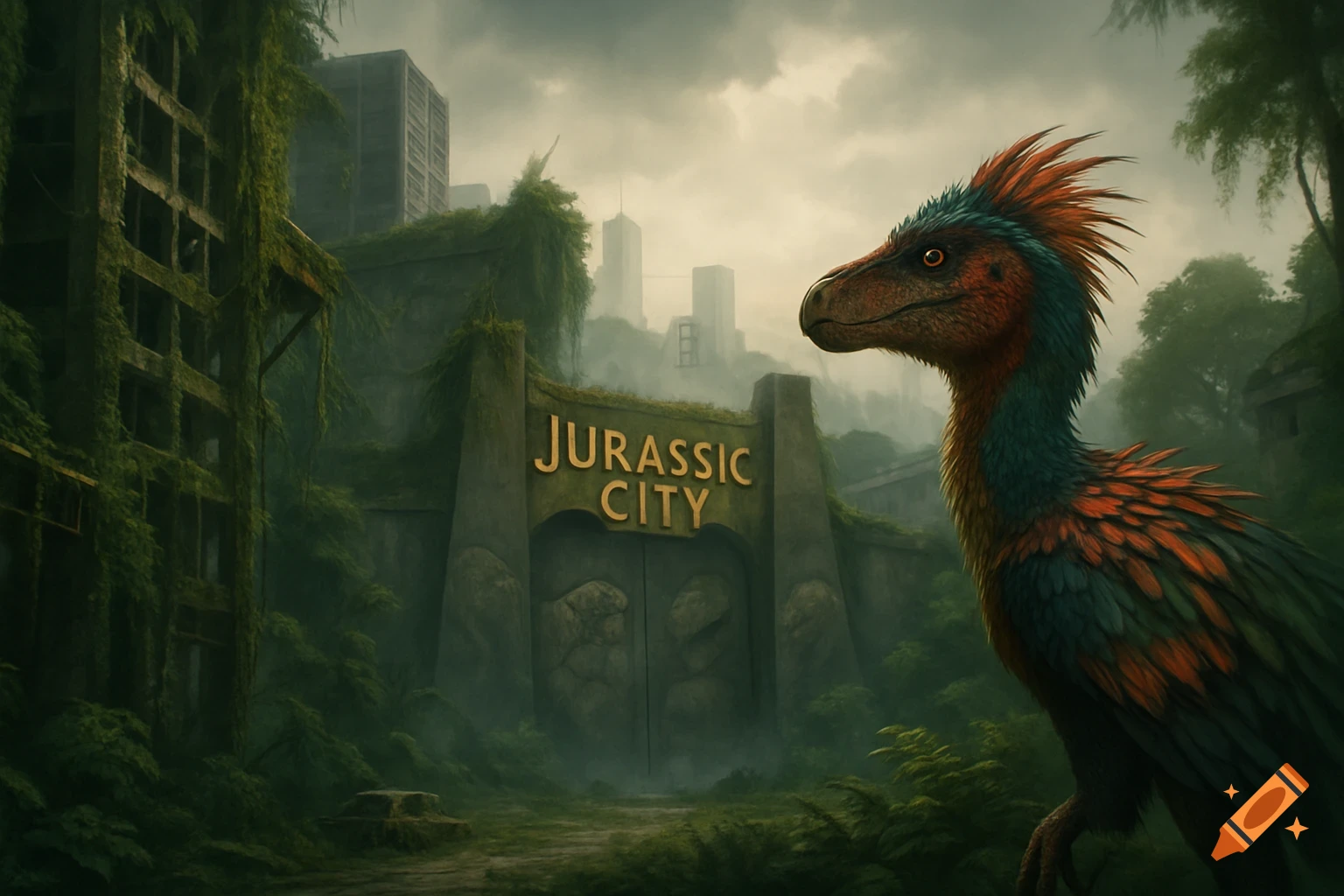 A feathered dinosaur in an overgrown, post-apocalyptic city with a "JURASSIC CITY" gate.