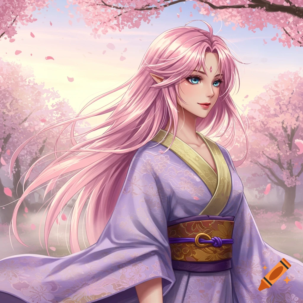 A beautiful anime fantasy woman with long pink hair and pointy ears, wearing a purple kimono, stands among pink cherry blossoms.