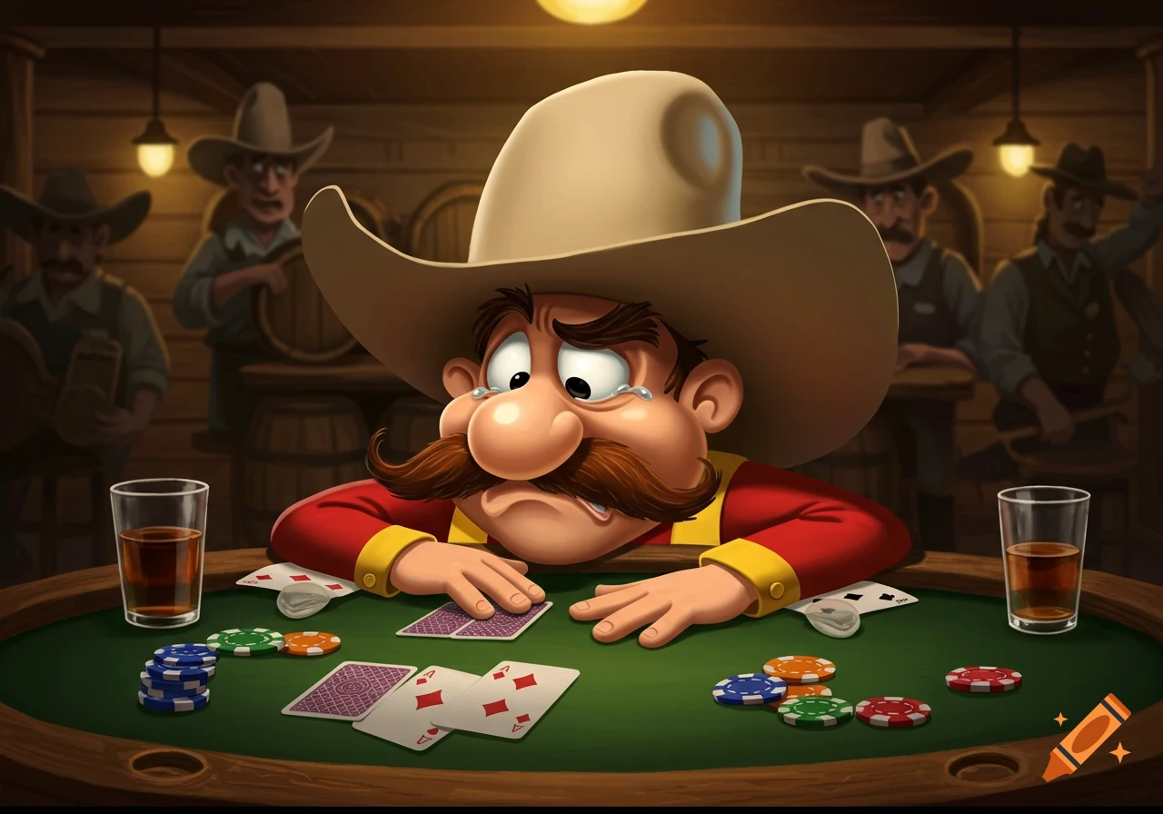 A sad cartoon cowboy with a large mustache and sombrero sits at a poker table, looking at his losing hand in a dim saloon.