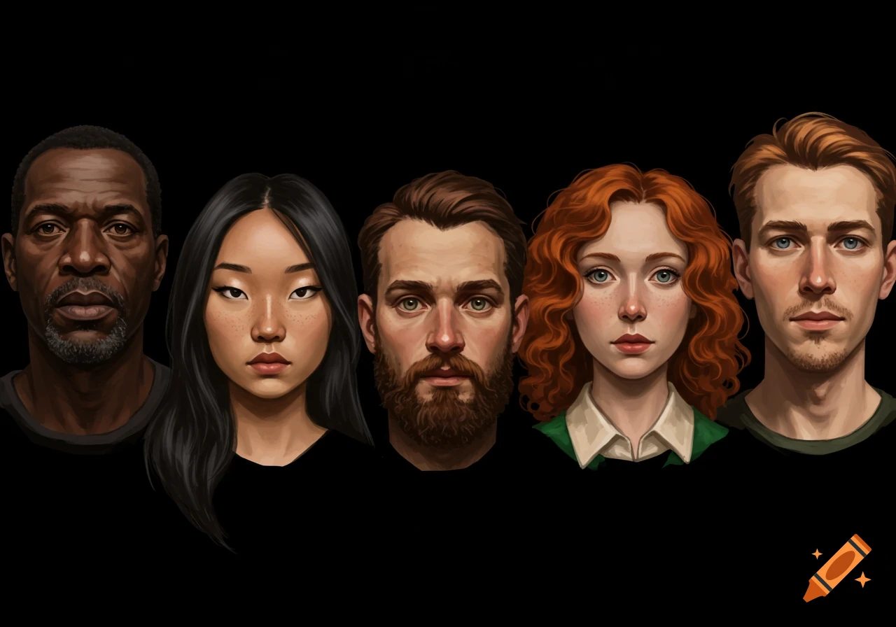 Digital painting of five diverse people's faces: a Black man, Asian woman, bearded man, red-haired woman, and white man.
