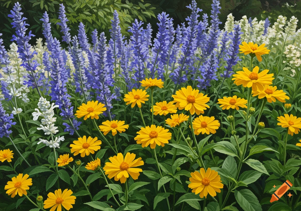 A vibrant oil painting of a flower garden with yellow daisies and purple and white salvia.