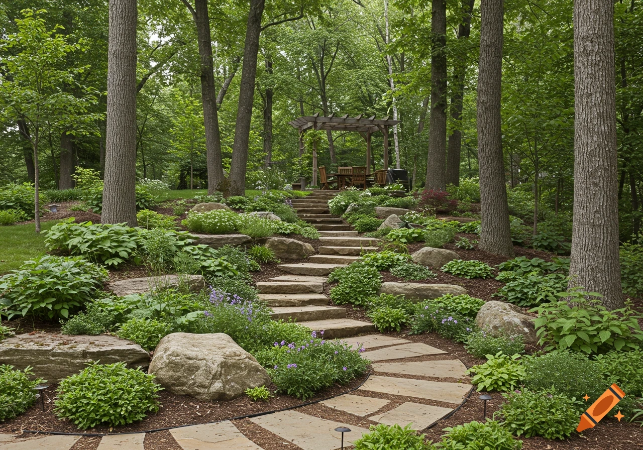 A rustic backyard landscape with a stone path and stairs leading up a hill to a wooden gazebo among trees and lush plants.