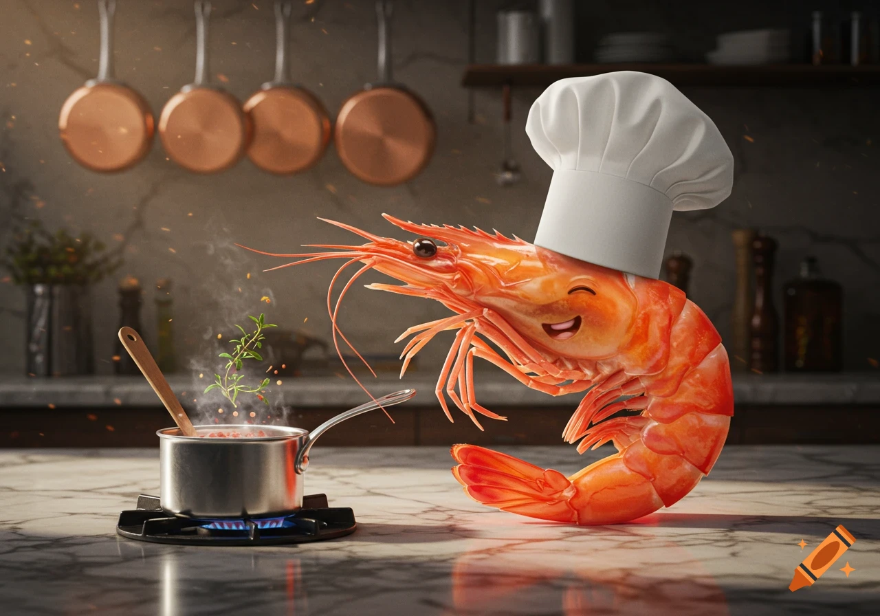 A happy, cartoonish shrimp chef wearing a white hat stands next to a steaming pot in a photorealistic kitchen.