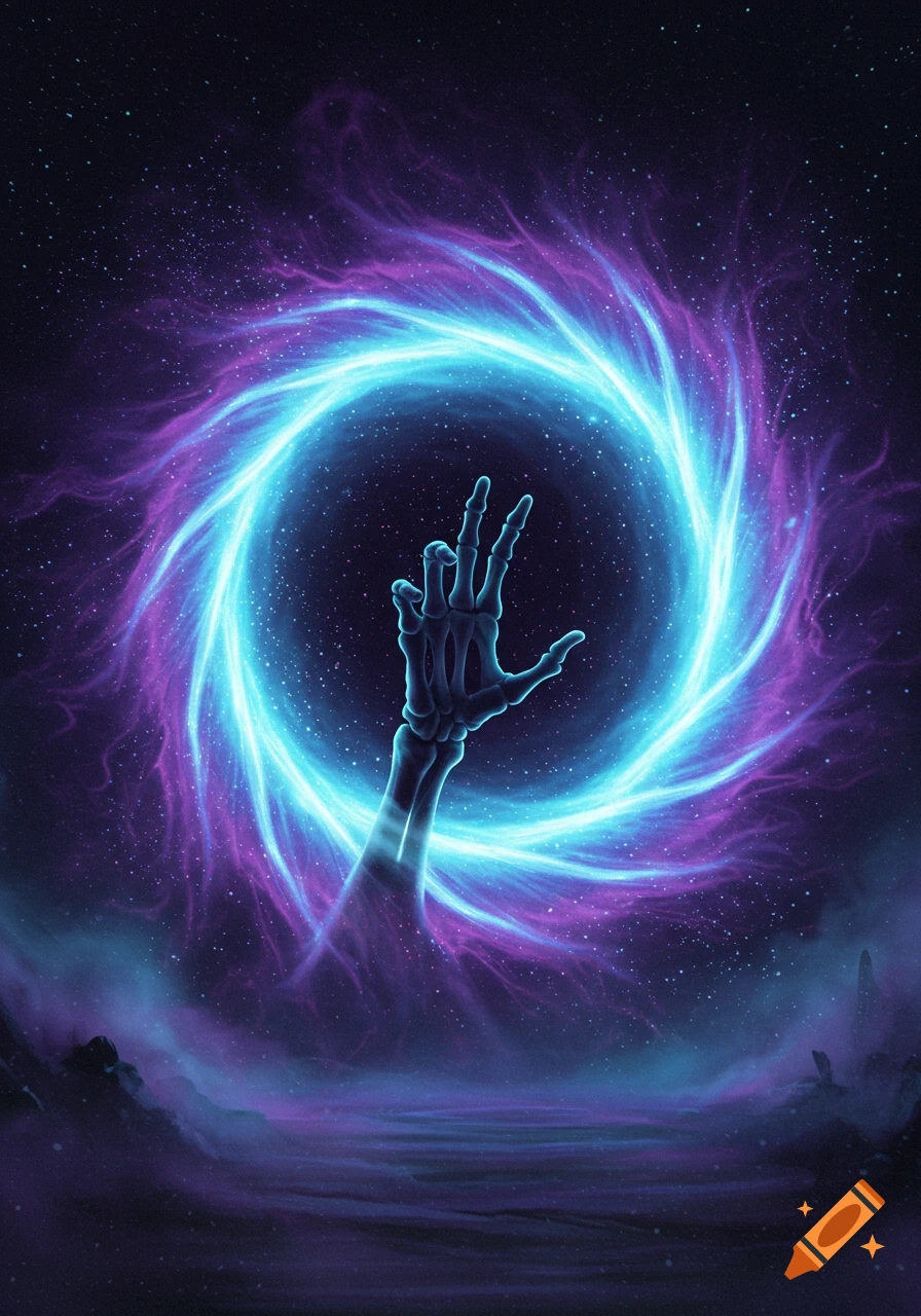 A skeletal hand reaches out from a vibrant blue and purple cosmic portal in a starry space.