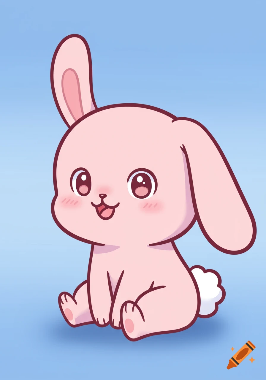 A cute pink cartoon bunny with large eyes, a wide smile, and blush marks sits on a blue background.