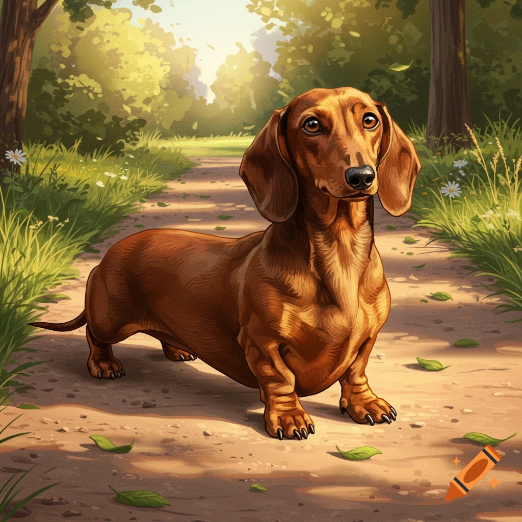 A brown dachshund dog stands on a sunlit dirt path in a lush forest with green trees and scattered leaves.