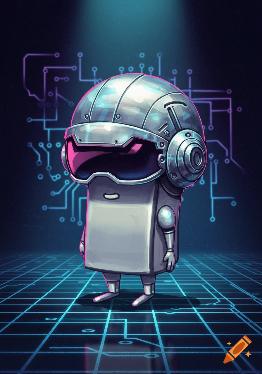 Cartoon robot resembling Clippy wearing a metallic sci-fi helmet with a pink visor, standing on a glowing circuit board grid.