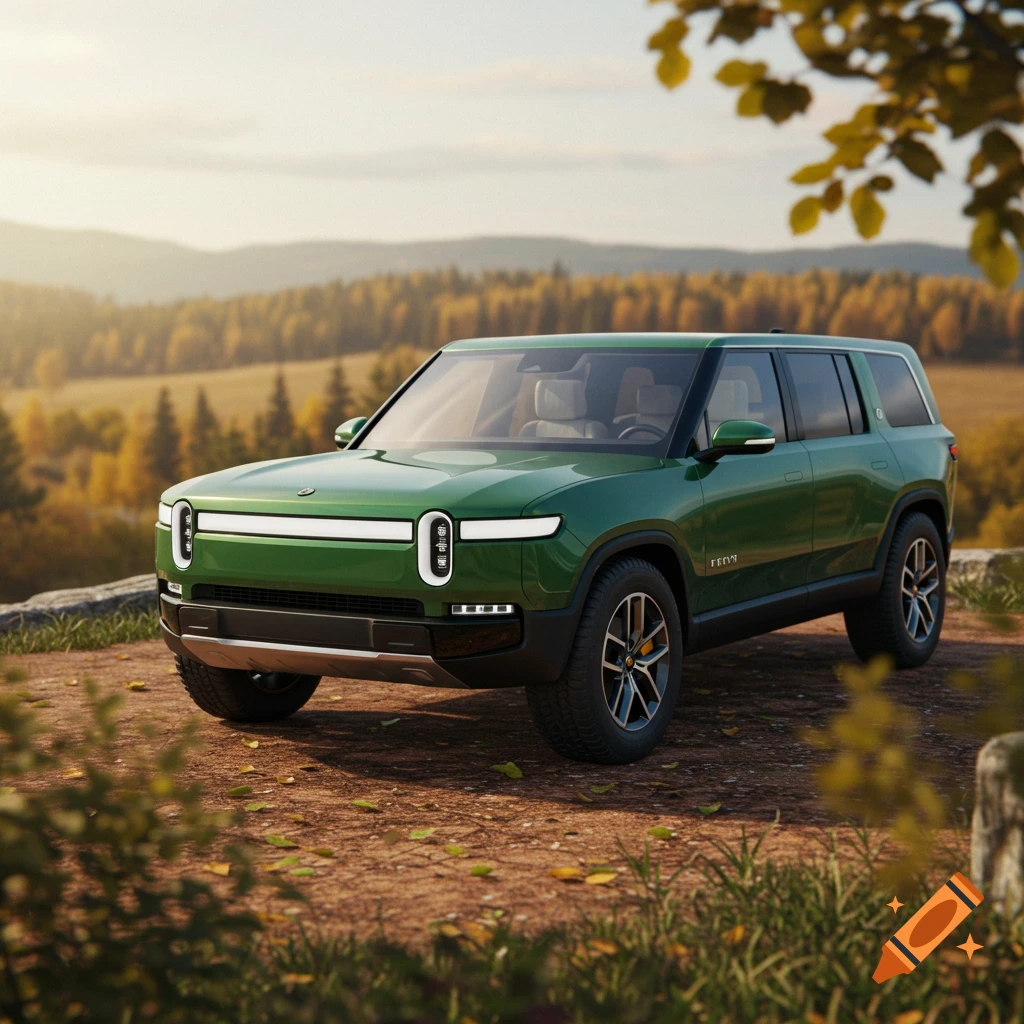A green Rivian R1S electric SUV parked on a dirt road, with autumn trees and hills under a clear sky in the background.