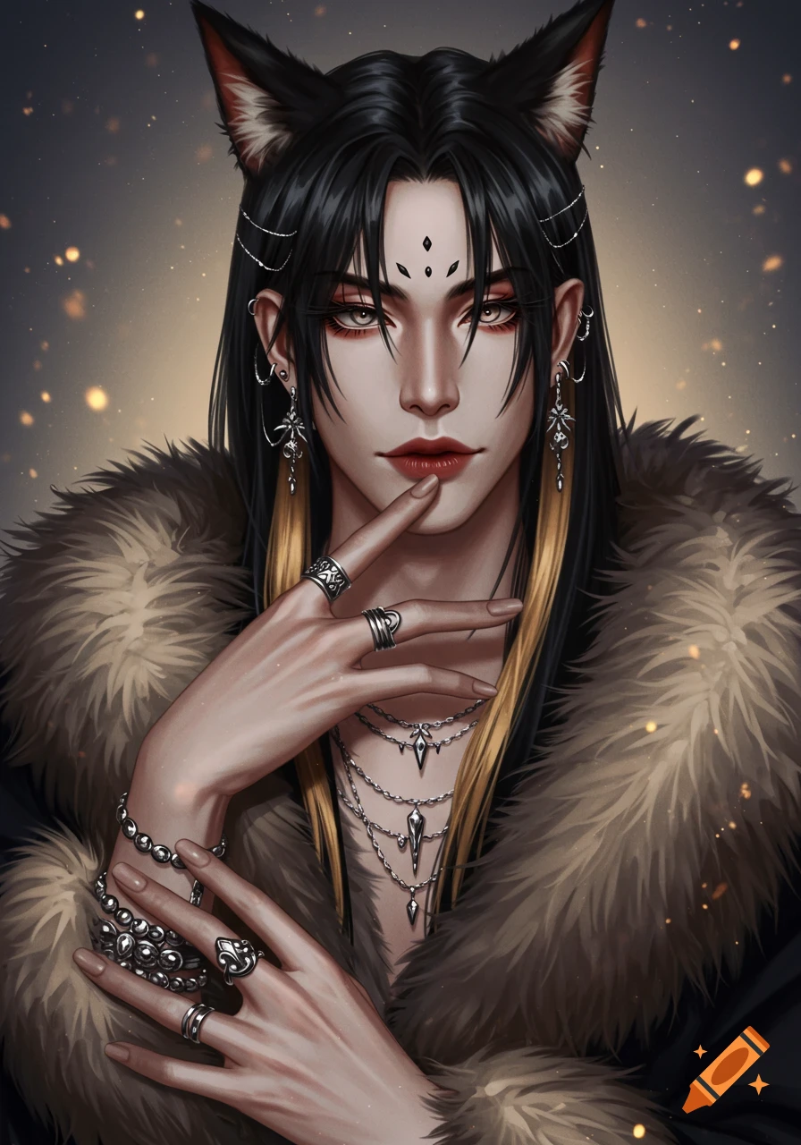 Semi-realistic portrait of an androgynous person with black hair, blonde streaks, fox ears, fur coat, and ornate silver jewelry.