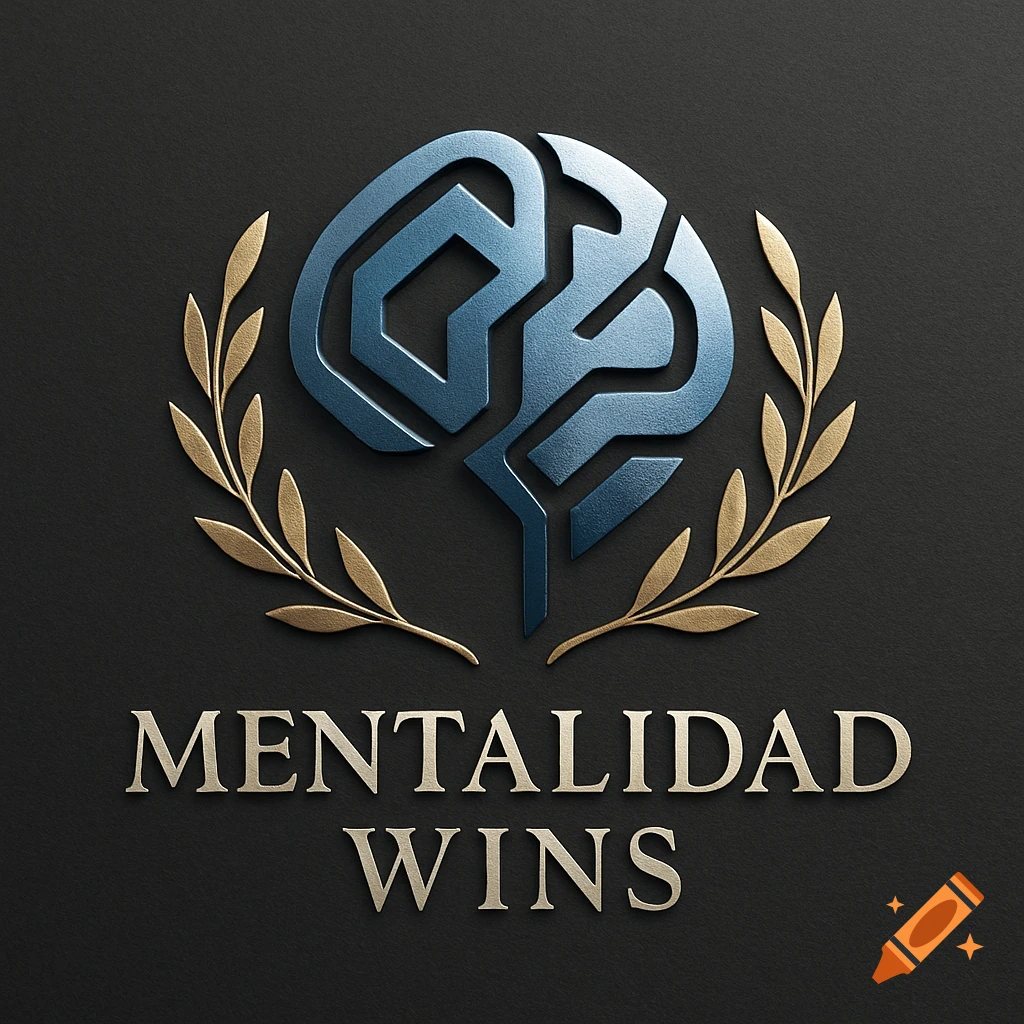 A metallic blue stylized brain icon encircled by a golden laurel wreath, with the words 'MENTALIDAD WINS' in gold below it, all on a dark background.