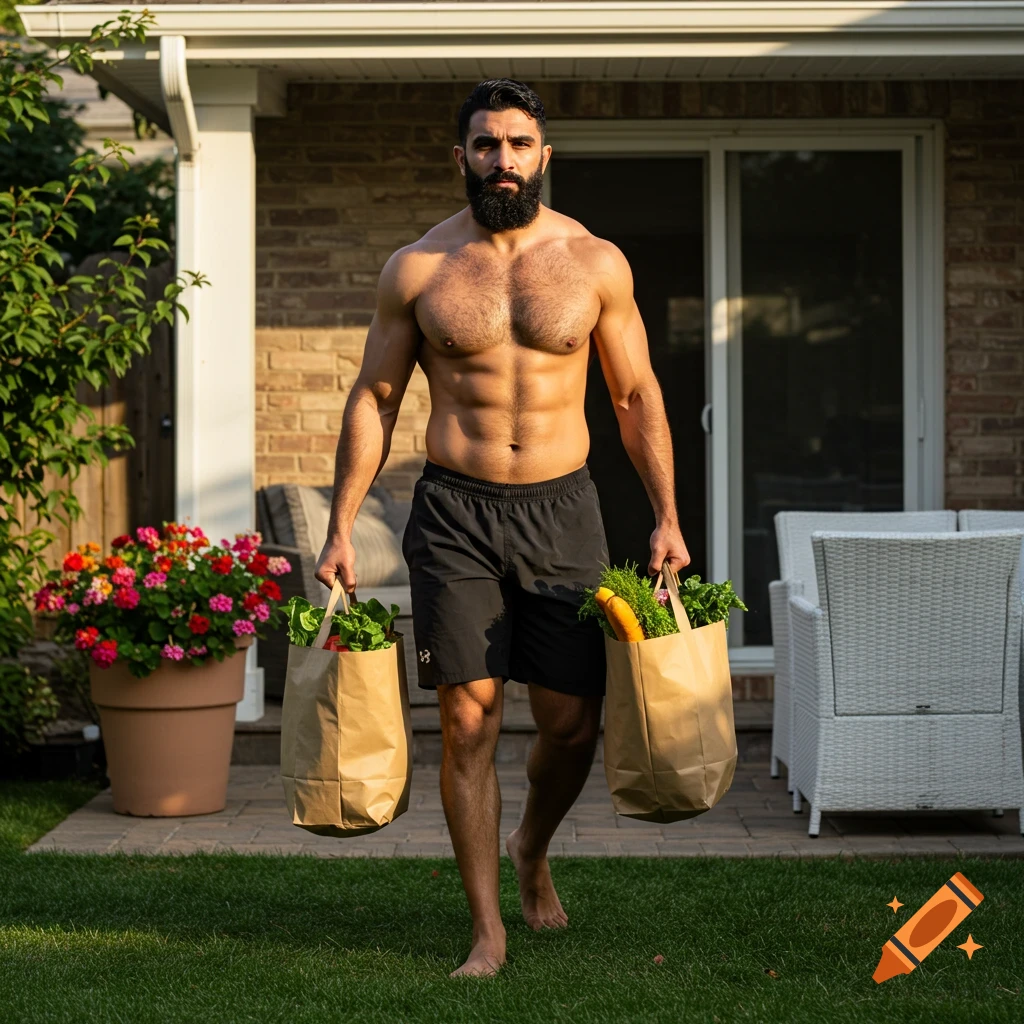 A muscular, bearded man walks barefoot across a grassy lawn, carrying two brown grocery bags, with a house and patio behind him.