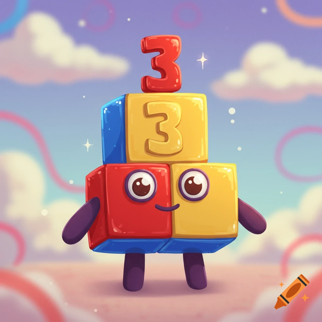 A friendly cartoon character made of red, yellow, and blue blocks with the number 3, standing under a blue sky.