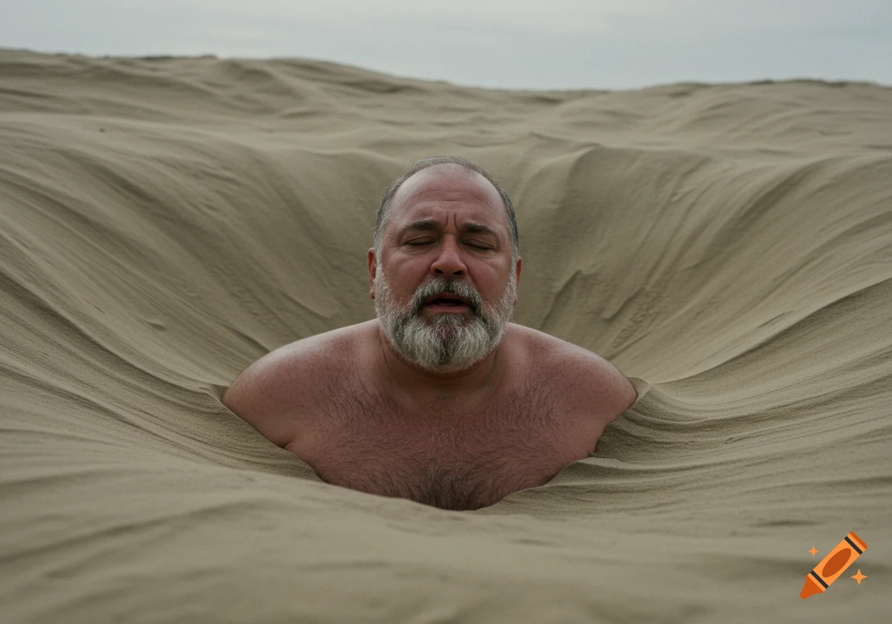 A bearded man buried chest-deep in undulating sand dunes, eyes closed, appearing to accept his fate. Photorealistic.
