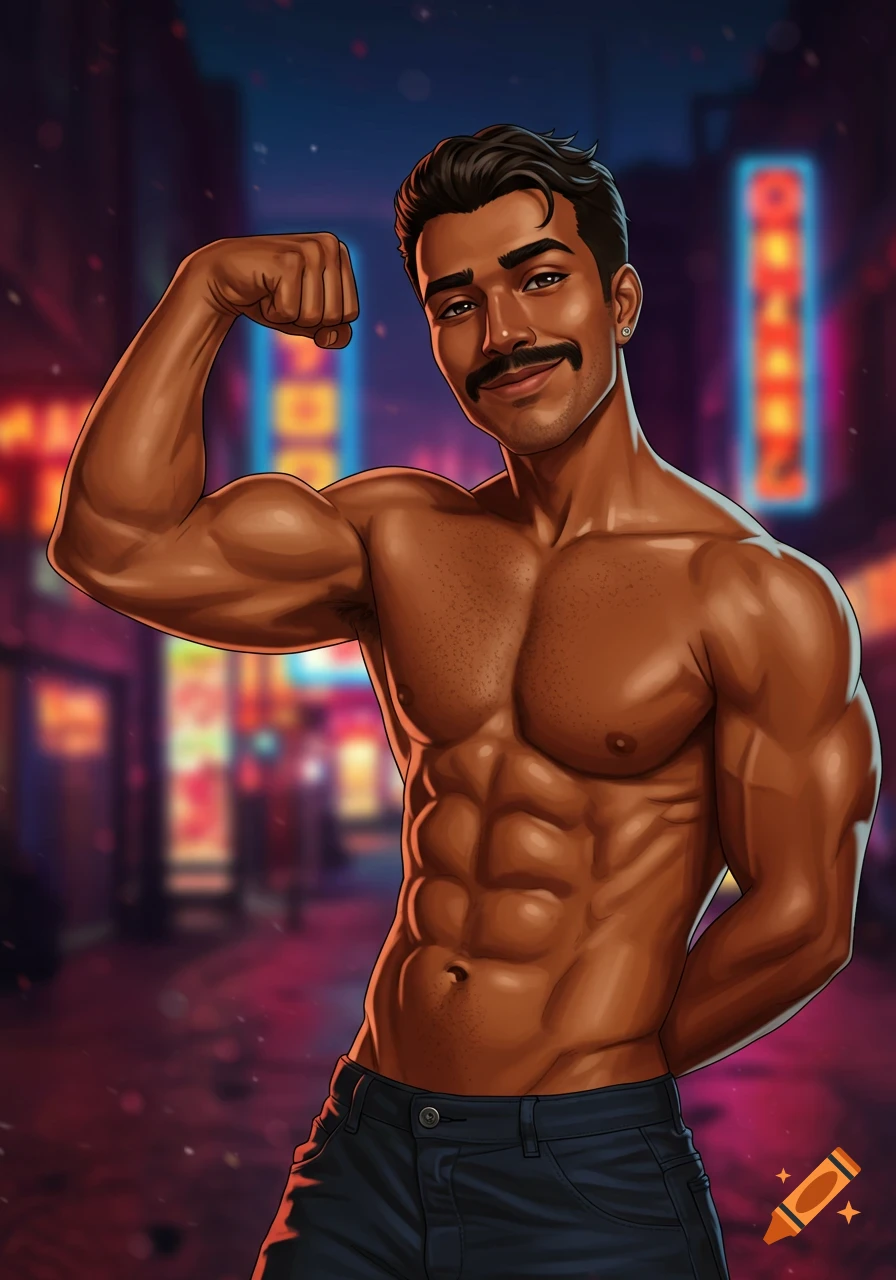 Anime illustration of a muscular Latino man with a mustache flexing his bicep against a blurred city night background.