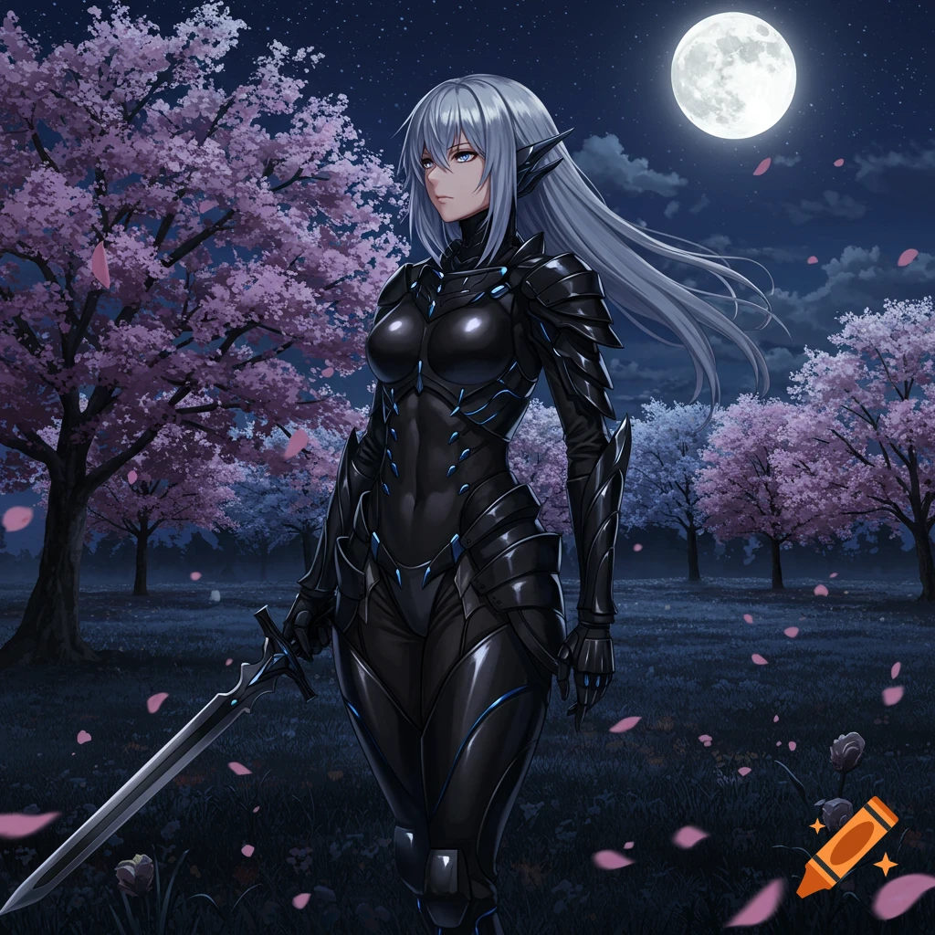 Anime woman in black armor holding a sword, standing in a moonlit field with pink cherry blossom trees.