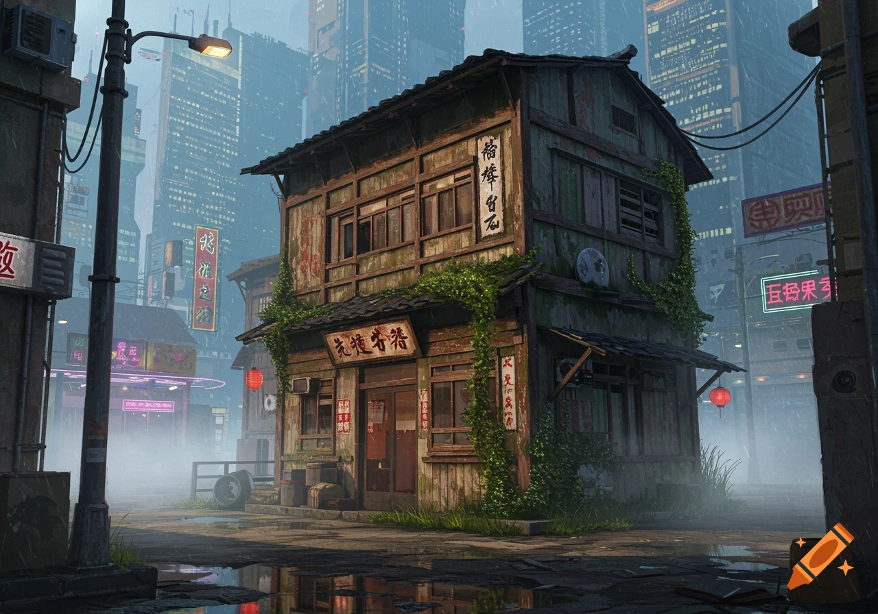 A run-down, vine-covered building in a foggy cyberpunk city with neon signs and tall skyscrapers.