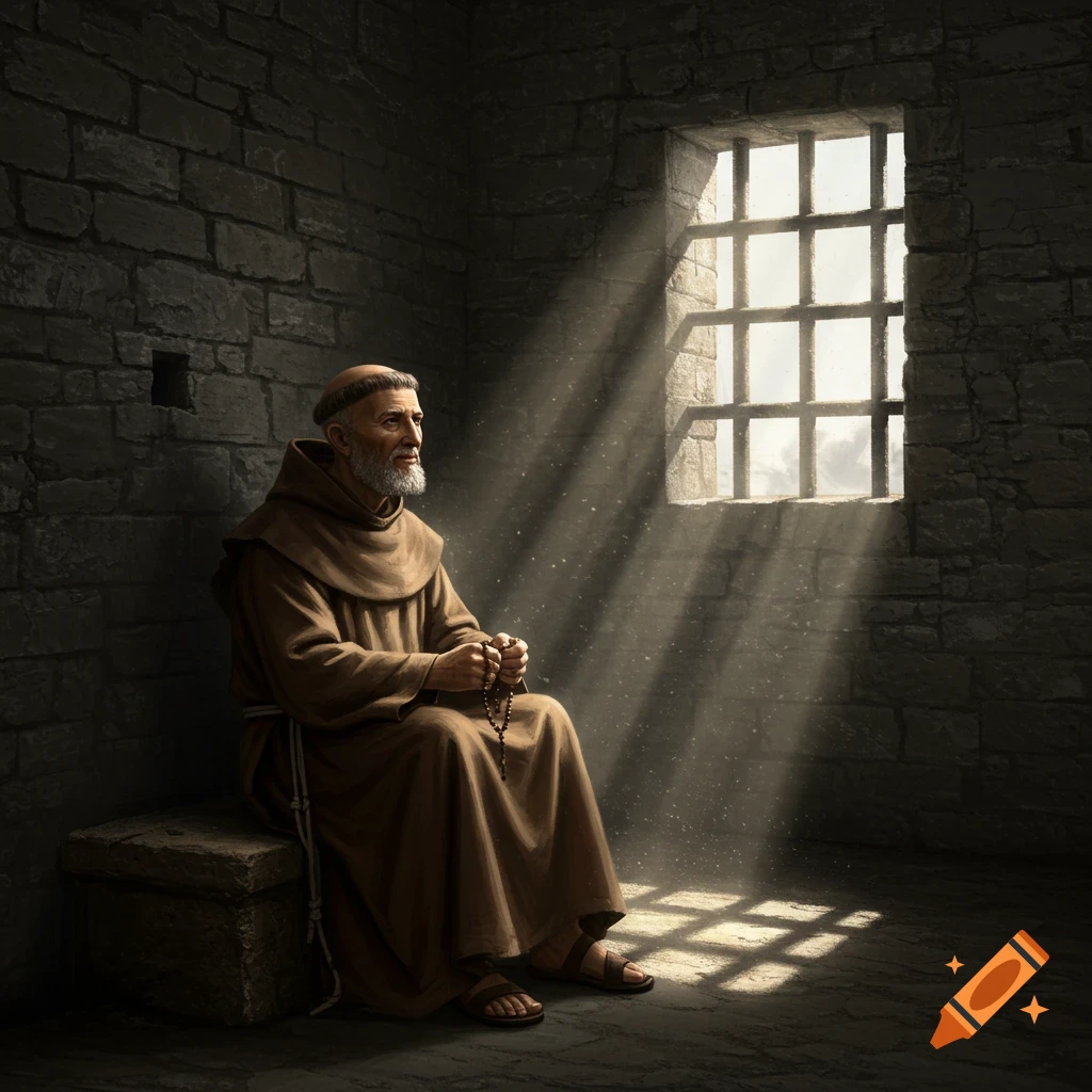 A solemn Franciscan monk sits in a dim jail cell, holding a rosary, with light beaming through a barred window.