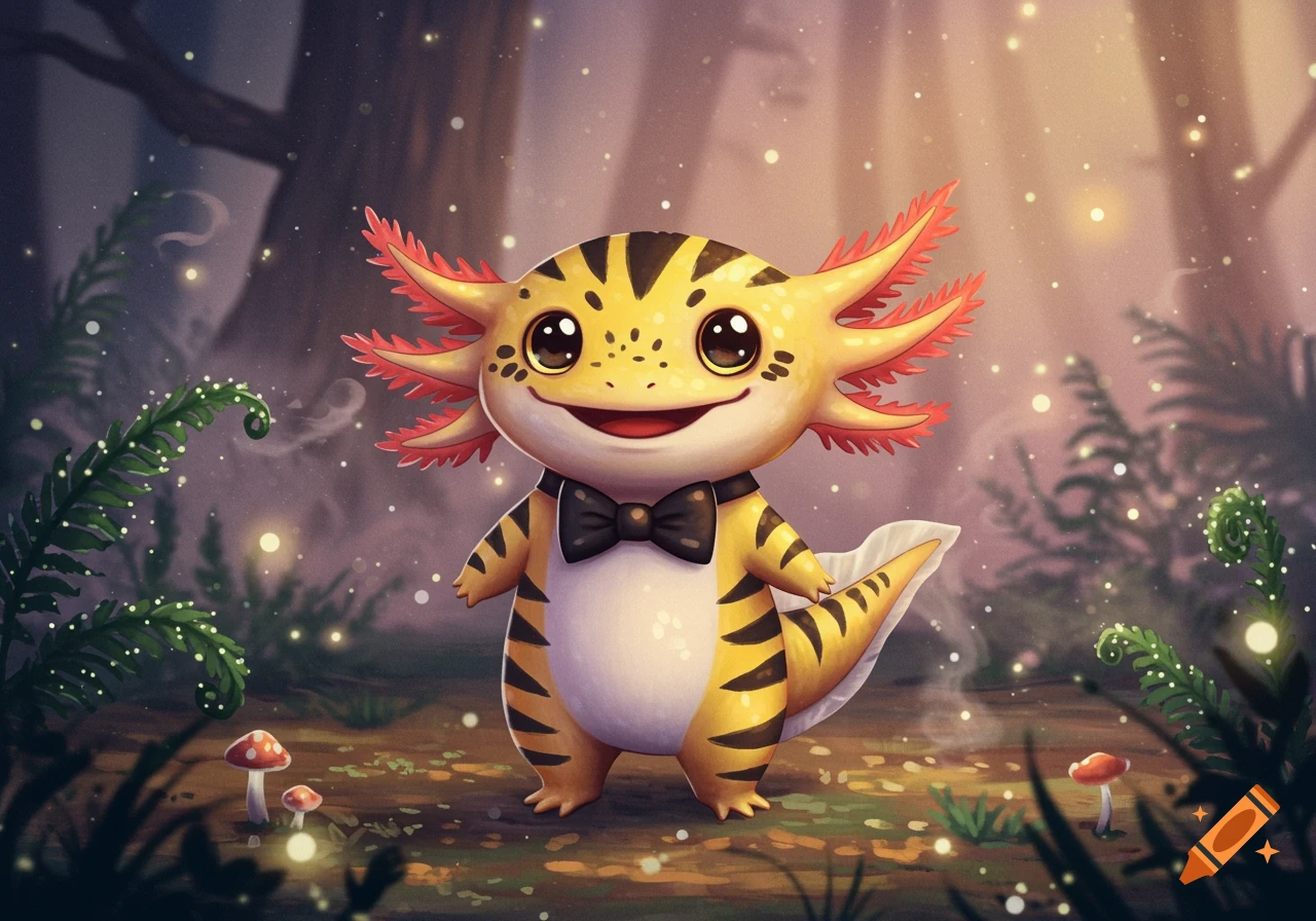 Cute cartoon yellow and black striped axolotl with a black bowtie in a magical forest with glowing fireflies.