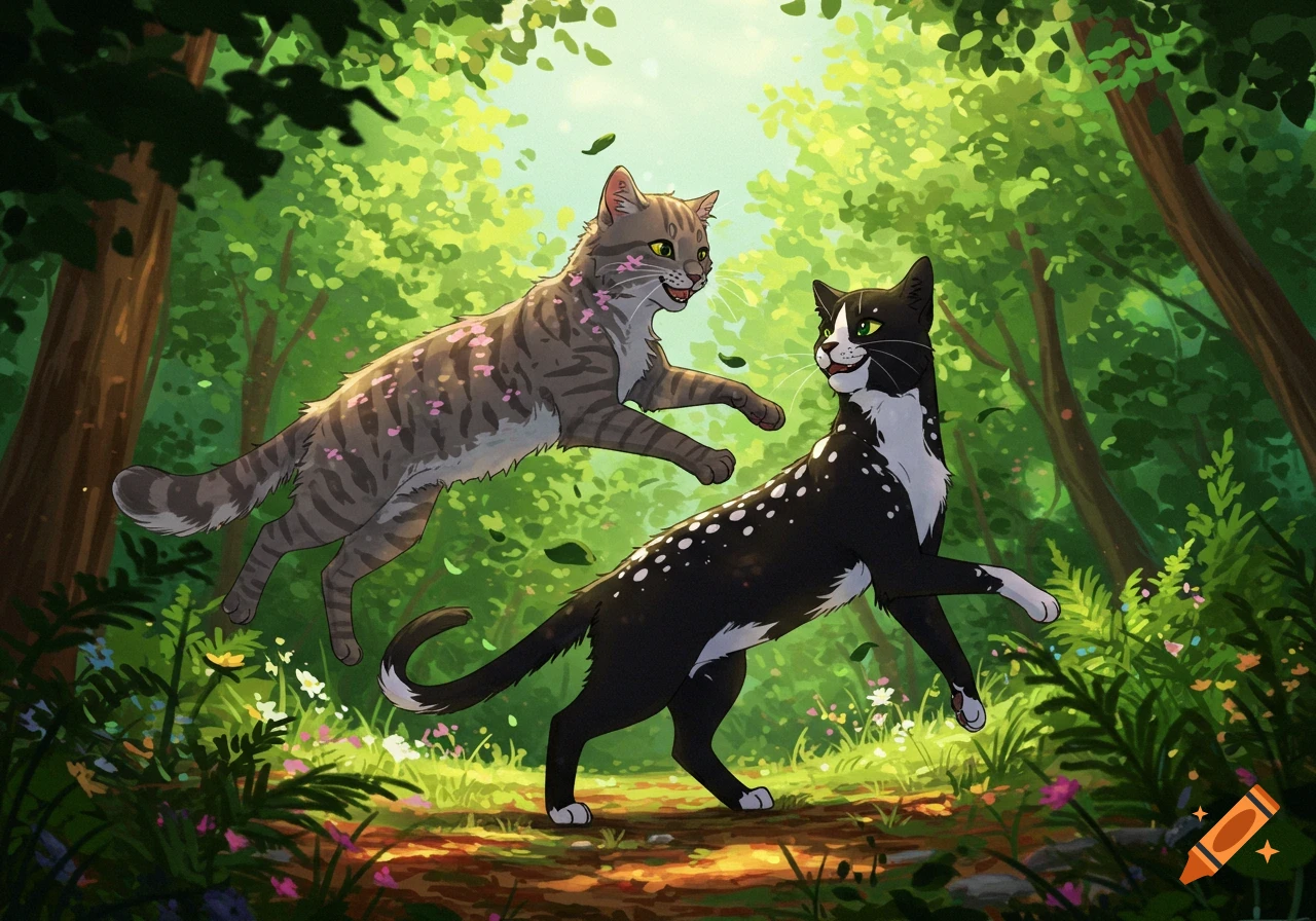 Two cats, a gray tabby and a black and white one, play in a vibrant green forest with sunlight filtering through the leaves, digital art.