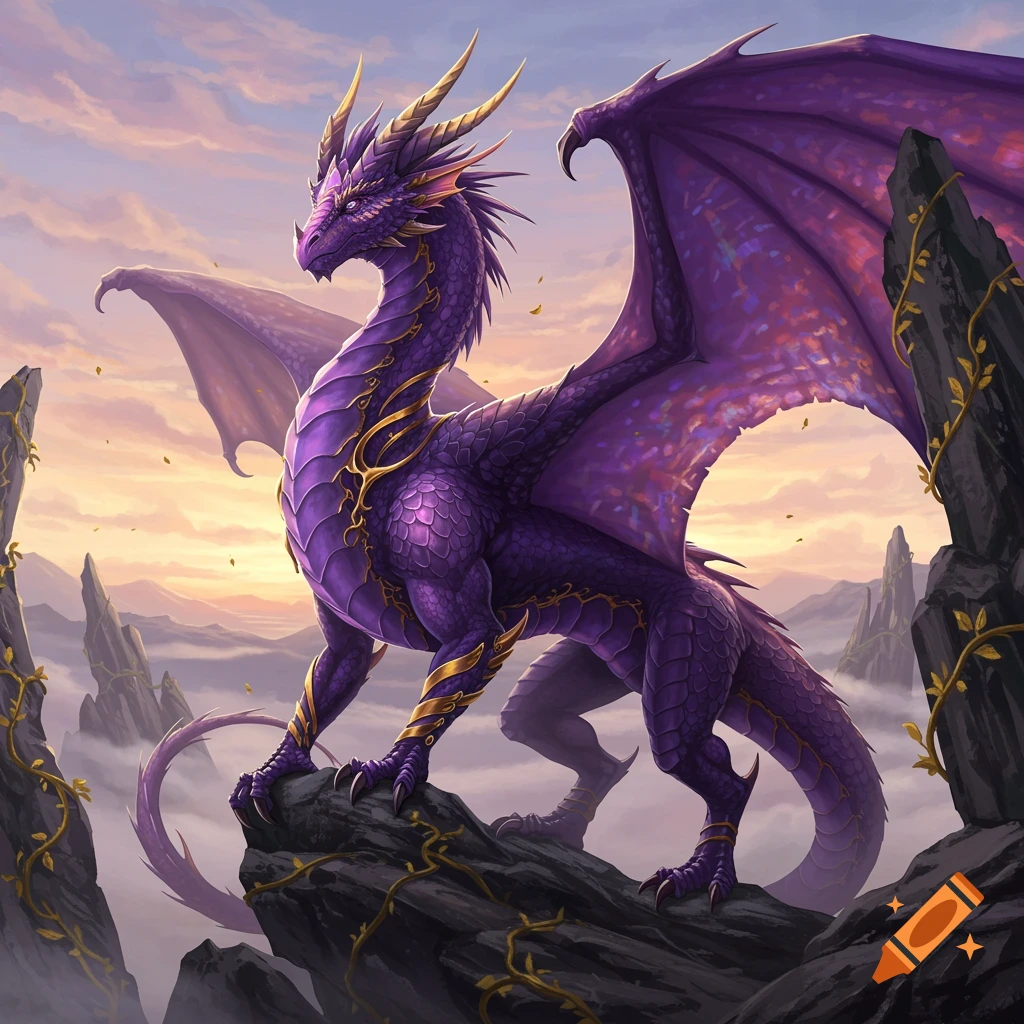 A majestic purple dragon with gold accents stands on a rocky outcrop at sunset, with mountains and clouds in the background.