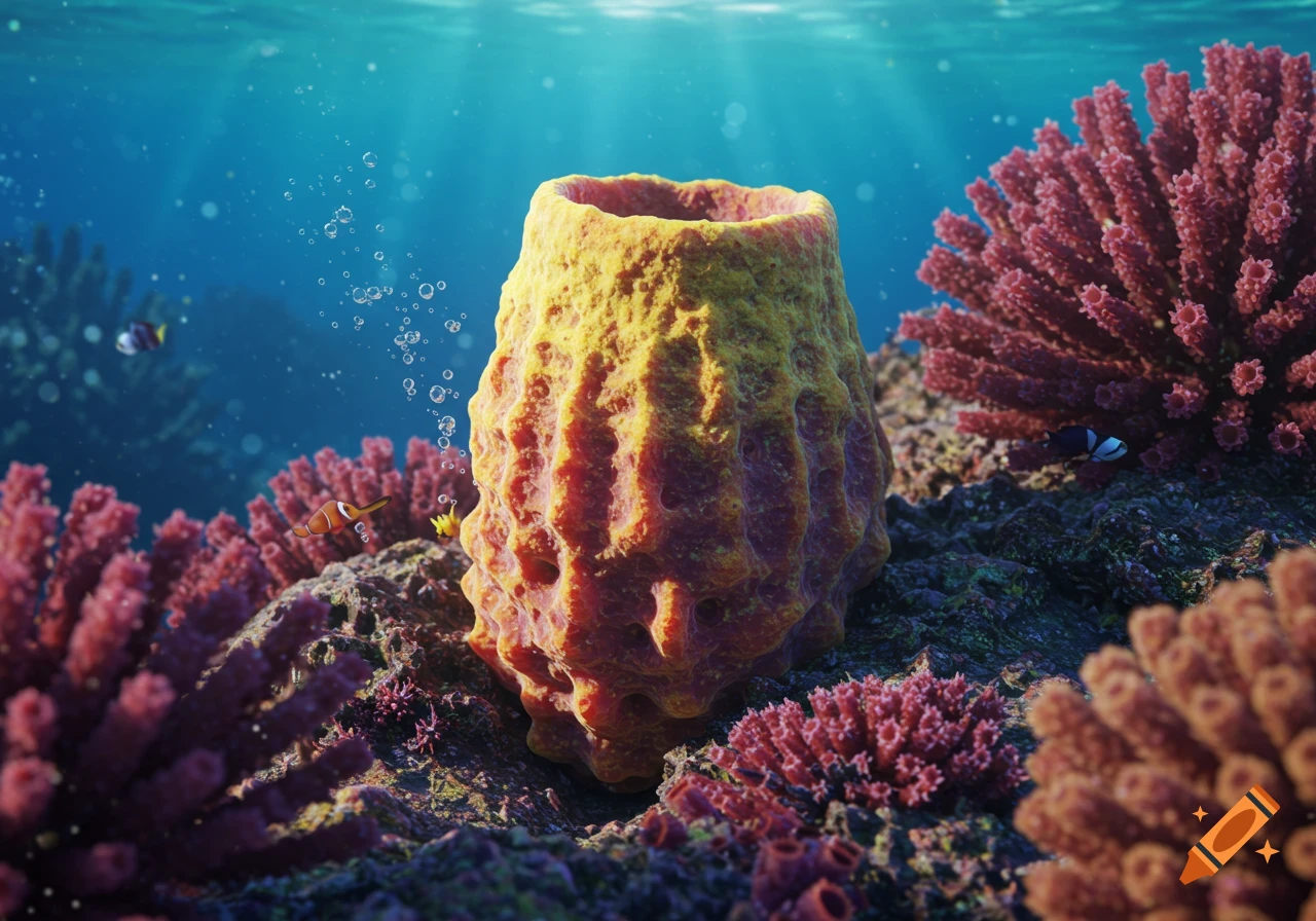 A vibrant orange and yellow tube sponge stands out in a photorealistic underwater coral reef scene with small fish and sunlight.