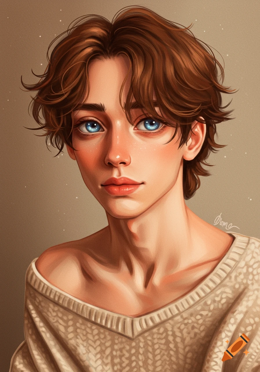 A digitally painted portrait of a young man with brown hair and large blue eyes, wearing an off-shoulder sweater.