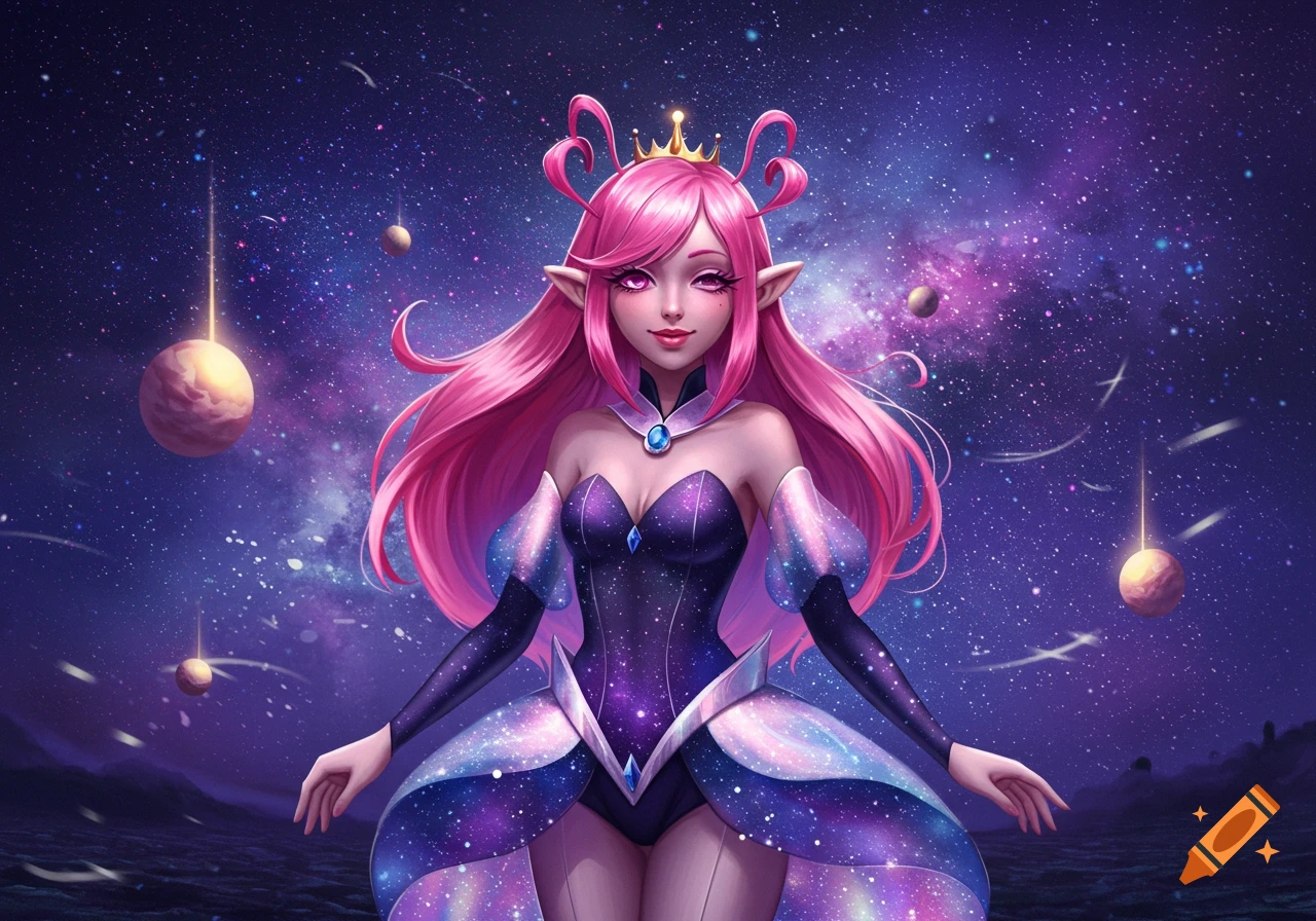 An anime-style elf princess with long pink hair and a crown, wearing a galaxy-themed dress, stands in a vibrant starry space scene with planets.