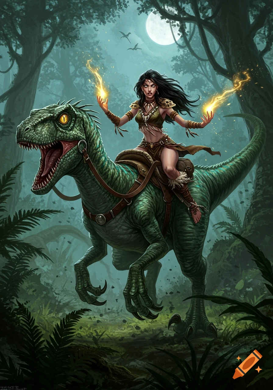 A fantasy sorceress with dark hair rides a green raptor through a dark jungle at night under a full moon, holding glowing magic in her hands.