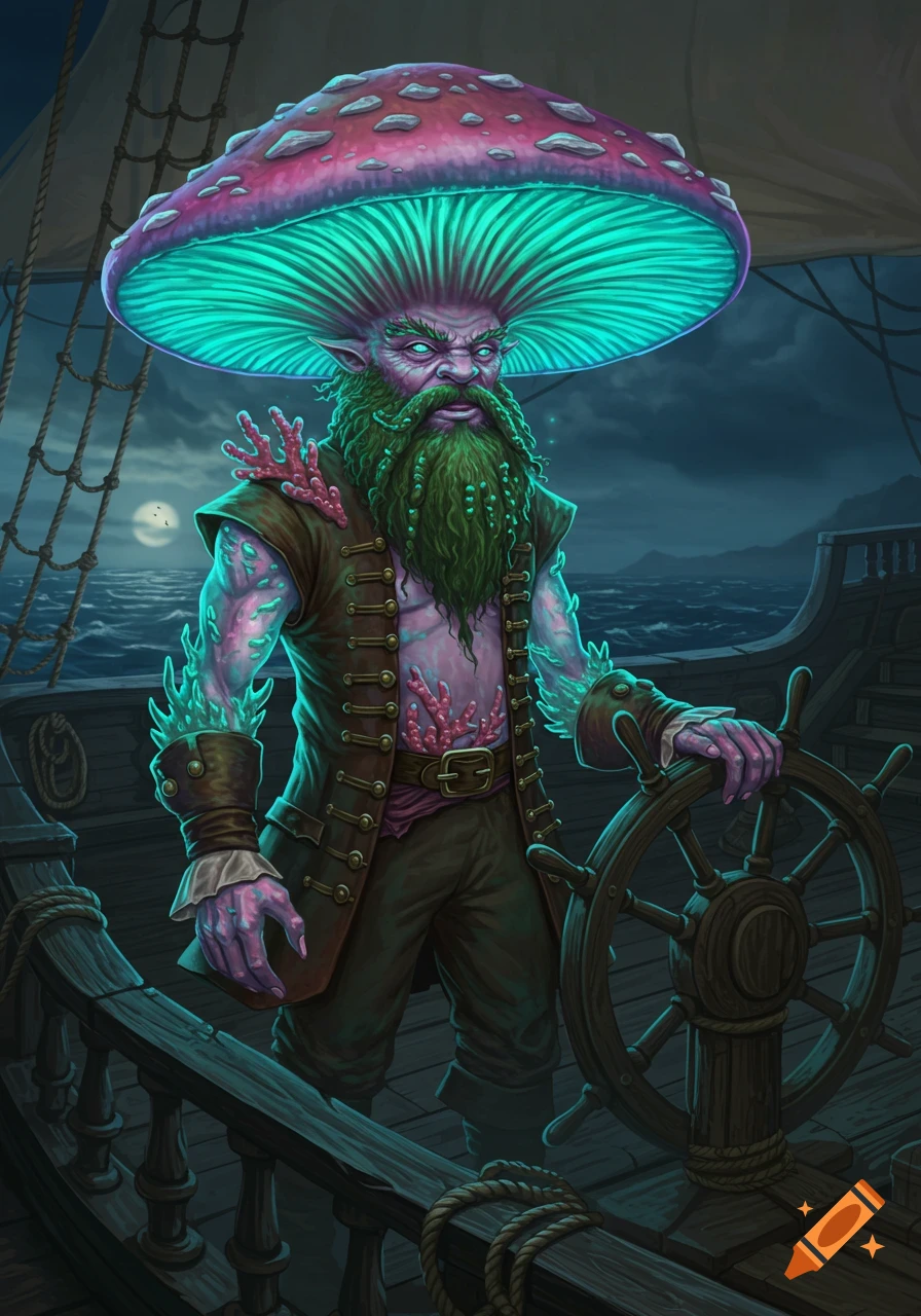 A mushroom-headed, glowing dwarf-like pirate with a green beard stands at the helm of a ship at night.