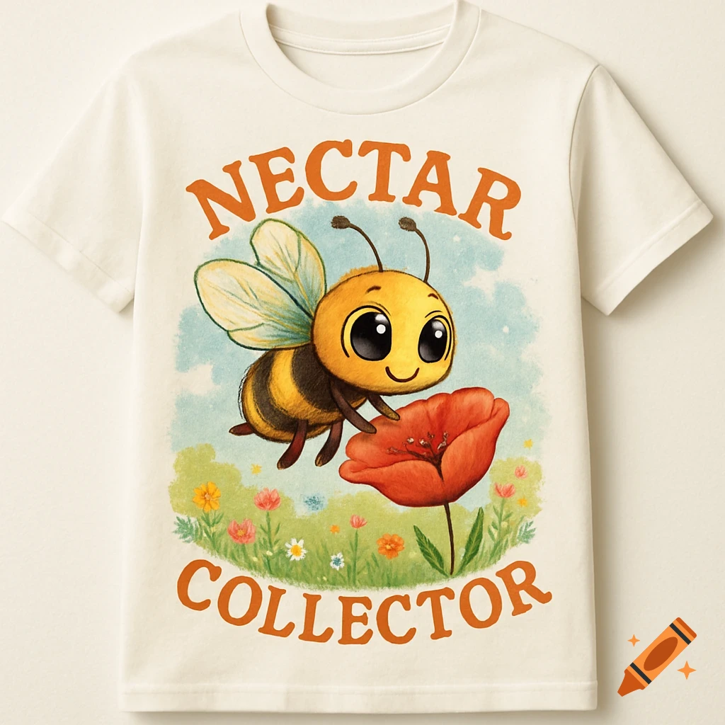 A cute cartoon bee with large eyes hovers over a red flower on a white t-shirt. The text 'NECTAR COLLECTOR' is above and below the bee.