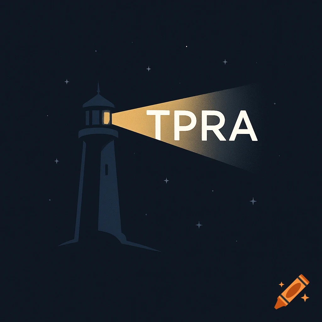 Minimalist logo of a lighthouse shining a light beam with the letters TPRA against a dark starry sky.