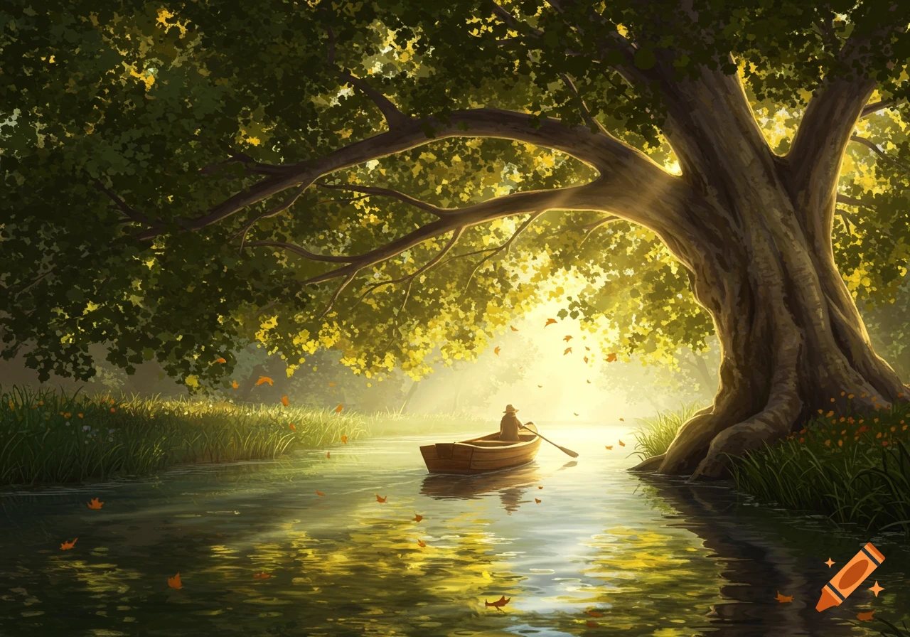 A person rows a small boat on a sunlit river, under the lush canopy of a large tree in a stylized painting.