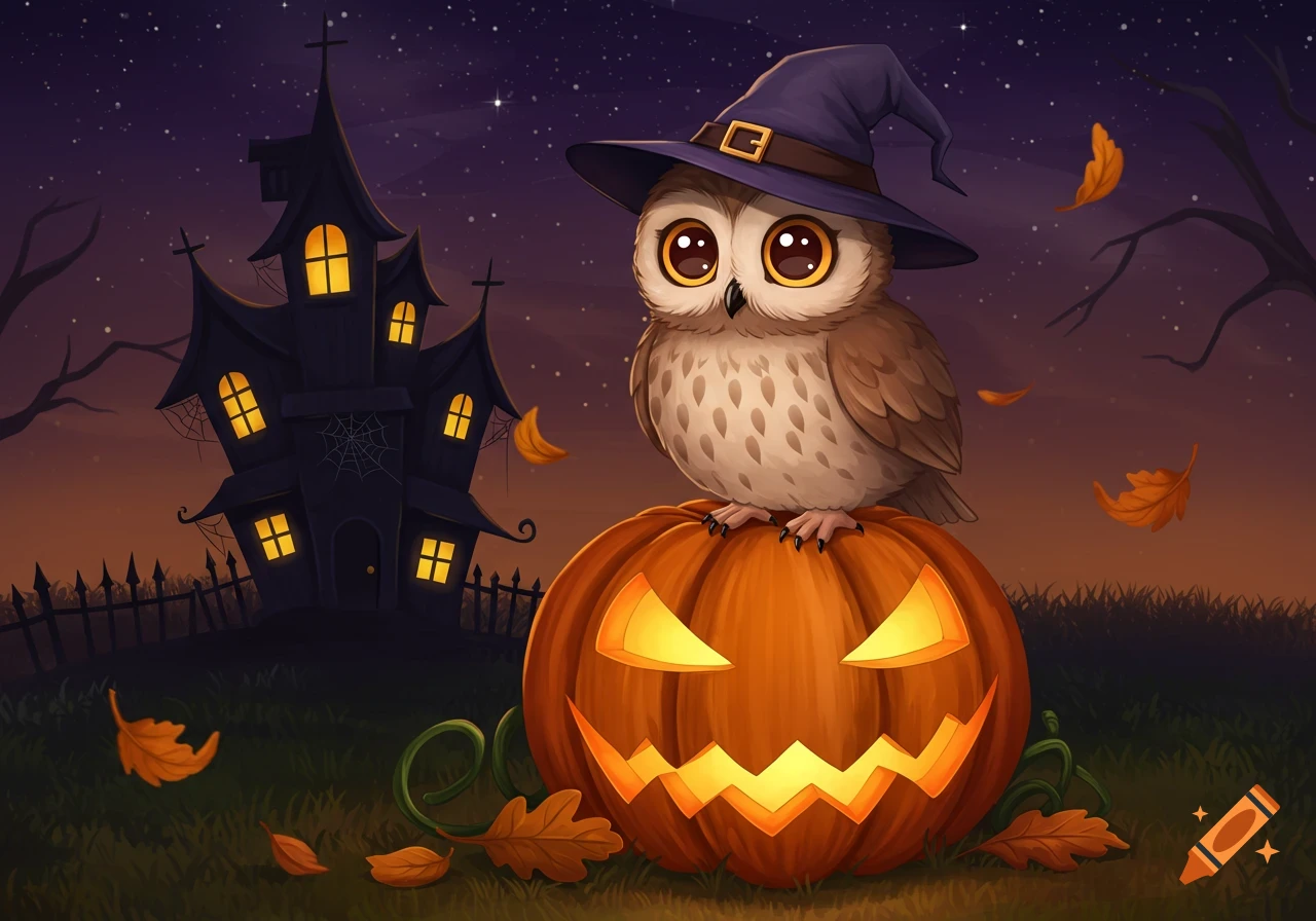 Cute cartoon owl wearing a witch hat sits on a glowing jack-o'-lantern in front of a haunted house at night with falling autumn leaves.