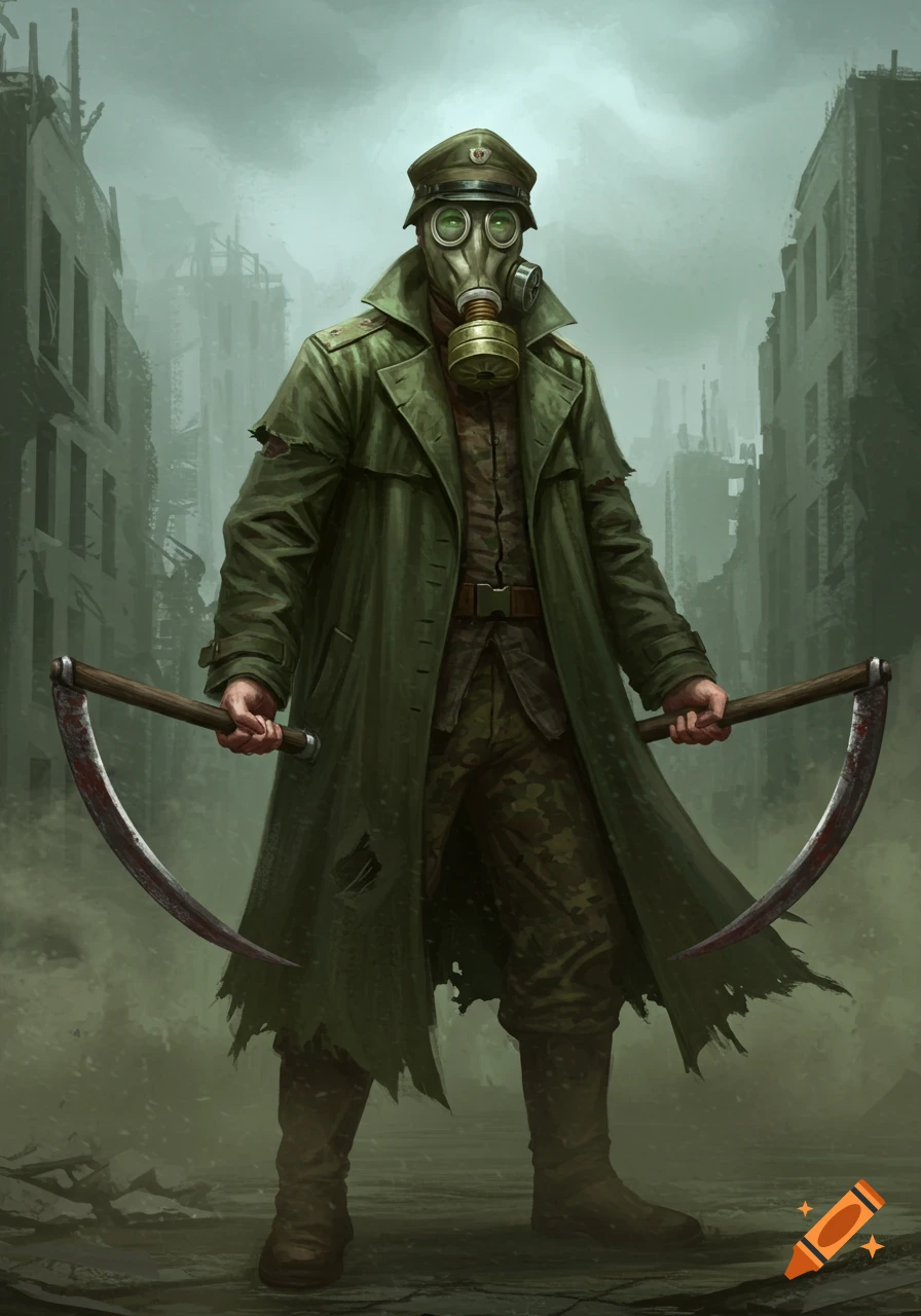 An illustration of a man in a green military coat, gas mask, and cap, holding two sickles in a ruined city.