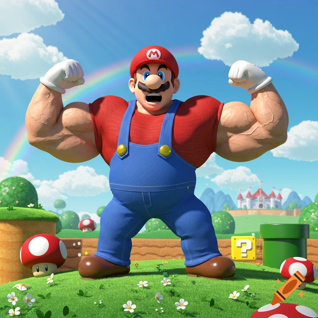 Buff Mario flexing his muscles in a vibrant video game world with a rainbow, castle, and mushrooms.