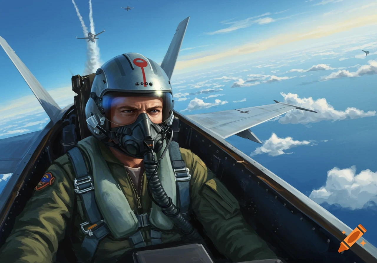 A male pilot in a fighter jet cockpit, wearing a helmet and oxygen mask, flies high above clouds with other jets nearby.