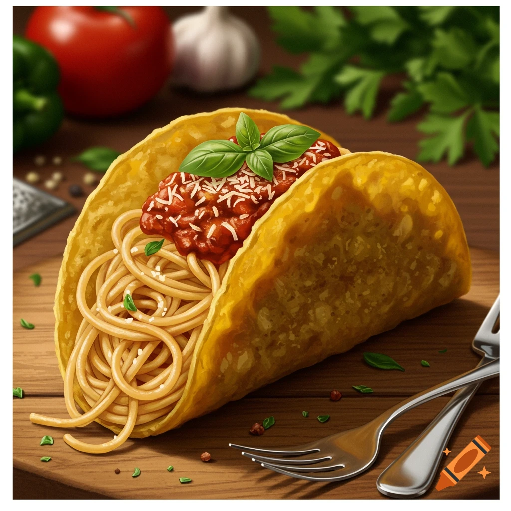 A spaghetti taco filled with pasta, marinara sauce, and basil, next to forks on a wooden table. Photorealistic style.