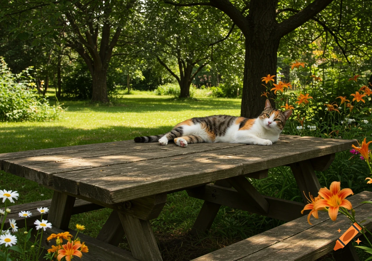A calico cat lies on a wooden picnic table in a sunny park, surrounded by green grass, trees, and orange flowers.