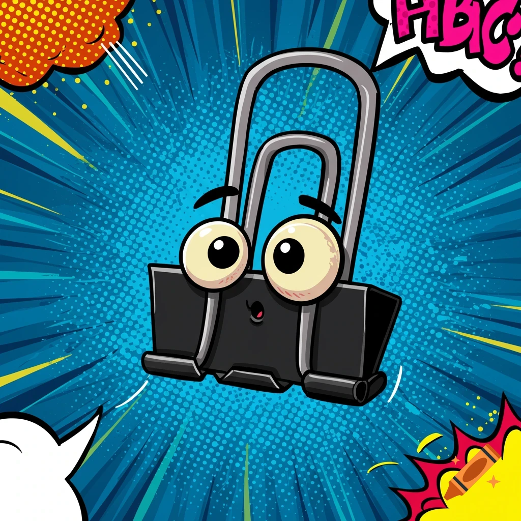 A cartoon binder clip character with big eyes on a blue pop art background with comic book effects and a speech bubble.
