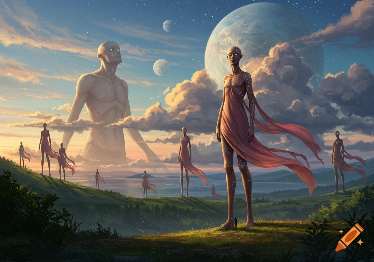 Giant bald humanoid figures, one colossal, in a fantastical landscape with multiple planets in the sky.