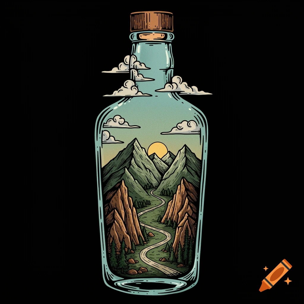 A stylized illustration of a mountain landscape with a winding road and sunset, contained within a glass bottle, in tattoo art style.