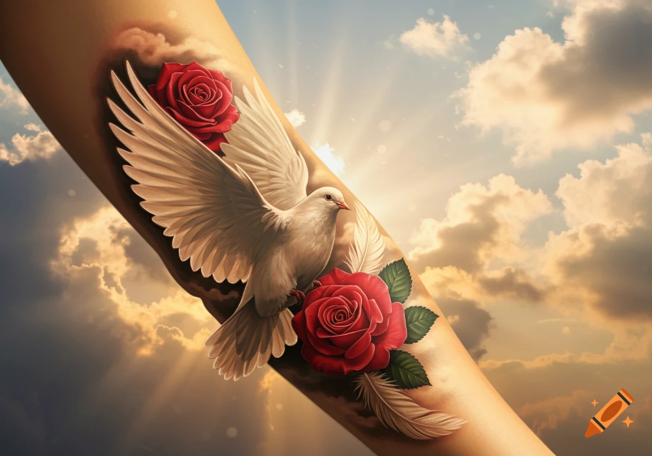 A photorealistic tattoo of a white dove with red roses and feathers on an arm, set against a bright, cloudy sky.