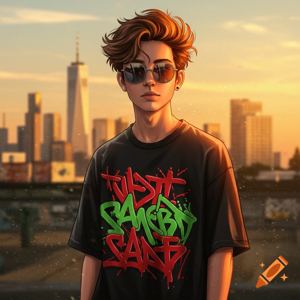 Illustrated character, a young person with sunglasses and messy hair wearing a black t-shirt with graffiti-style text, against a city sunset.