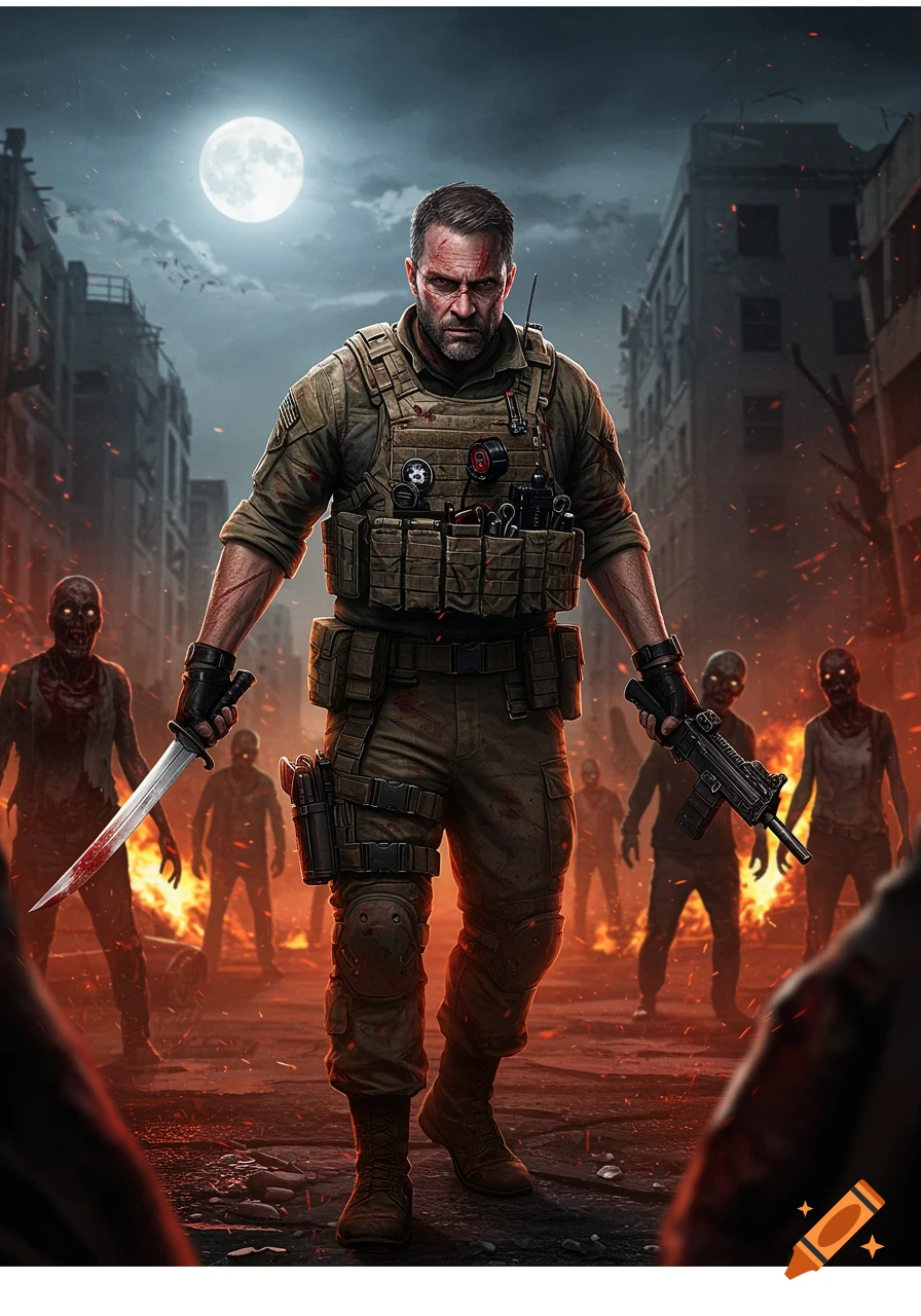 A soldier with a bloody knife and rifle stands in a burning, ruined city surrounded by zombies under a full moon.